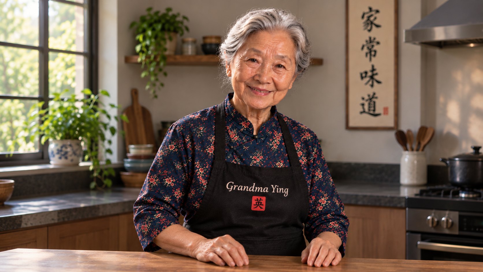 Grandma Ying smiling in her kitchen, wearing her black apron