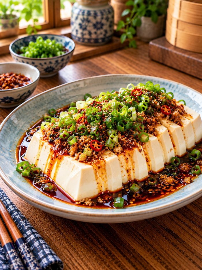Cold silken tofu with scallion and soy