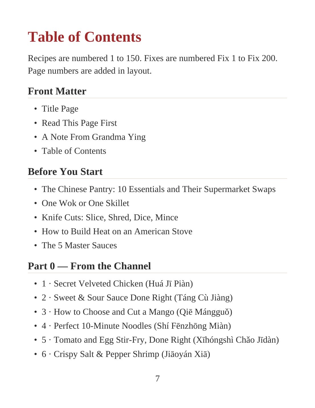 The first page of the table of contents
