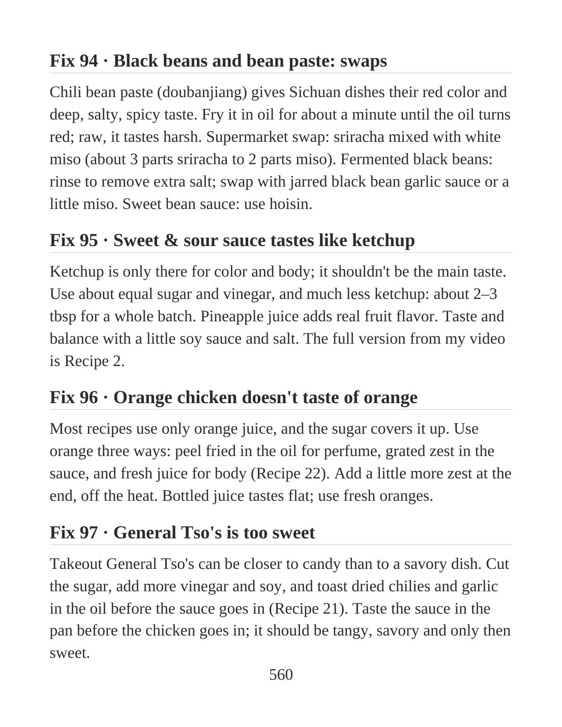 A page of numbered fixes, including Fix 95: sweet and sour sauce tastes like ketchup